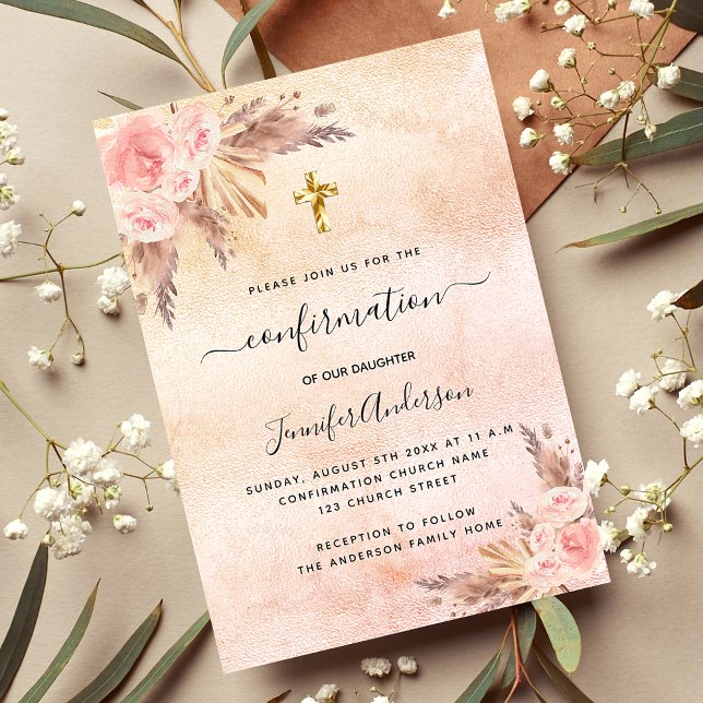 Invitación Chica de ondulación dorada de rosa pampas de confi (Subido por el creador)
