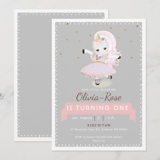 Invitación Chica de oro de Unicornio con danza mágica (Anverso / Reverso)
