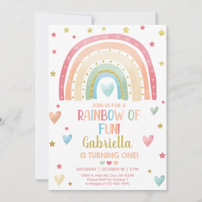 Invitación Chica de oro del arcoiris pastel 1er cumpleaños. (Anverso)