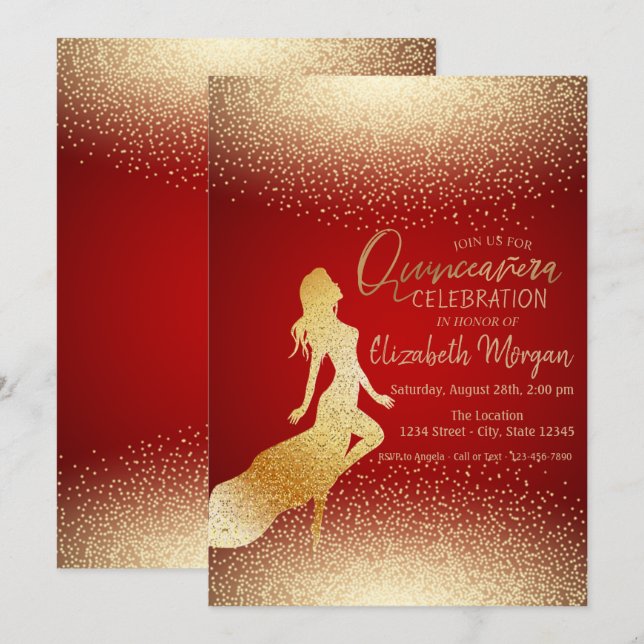 Invitación Chica de oro elegante Silhouette, Confetti Quincea (Anverso / Reverso)