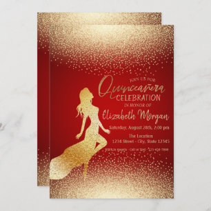 Invitación Chica de oro elegante Silhouette, Confetti Quincea