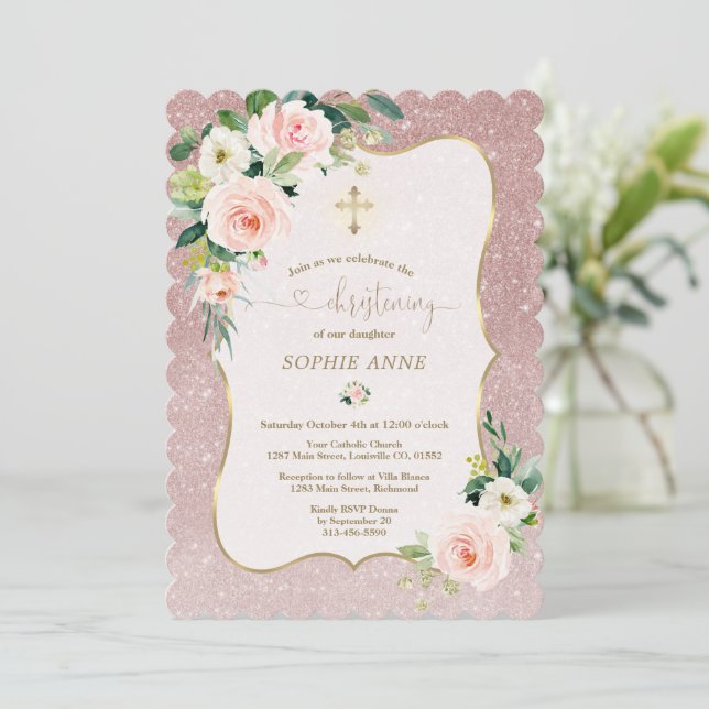 Invitación Chica de oro floral blanco y rosa brillante (Anverso de pie)
