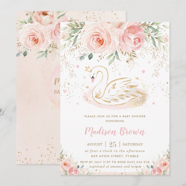 Invitación Chica de oro floral rosa Rubor Swan Baby Shower (Anverso / Reverso)