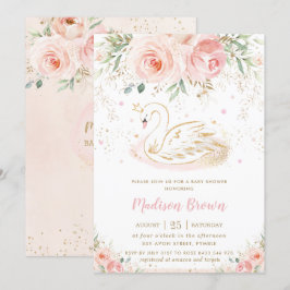 Invitación Chica de oro floral rosa Rubor Swan Baby Shower