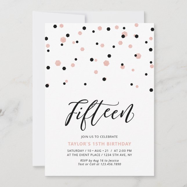 Invitación Chica de oro negro y Rosa 15ª fiesta de cumpleaños (Anverso)