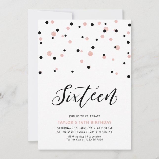 Invitación Chica de oro negro y Rosa 16ª fiesta de cumpleaños (Anverso)