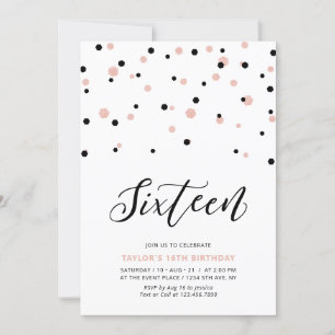 Invitación Chica de oro negro y Rosa 16ª fiesta de cumpleaños