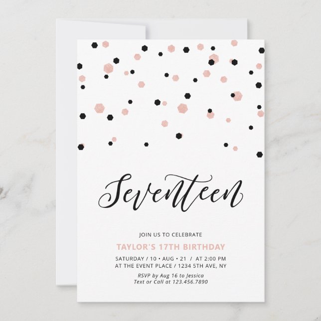 Invitación Chica de oro negro y Rosa 17ª fiesta de cumpleaños (Anverso)