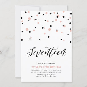 Invitación Chica de oro negro y Rosa 17ª fiesta de cumpleaños