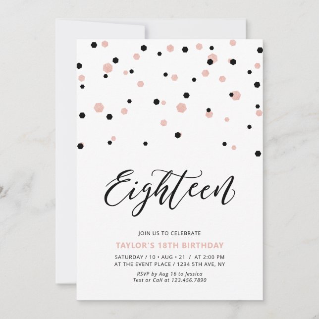 Invitación Chica de oro negro y Rosa 18ª fiesta de cumpleaños (Anverso)