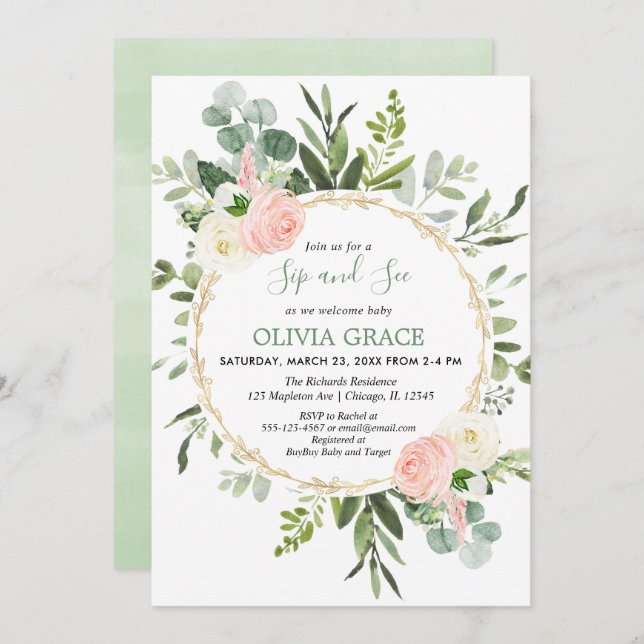 Invitación Chica de oro rosa de eucalipto sorber y ver (Anverso / Reverso)