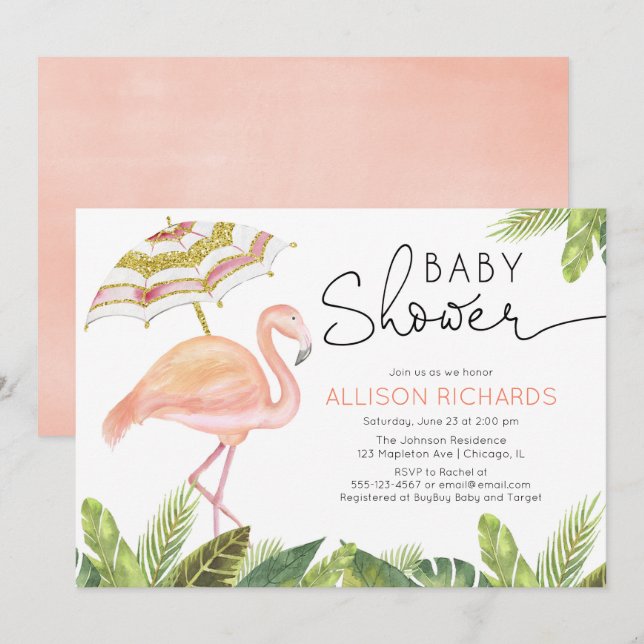Invitación Chica de oro rosa Flamingo ducha de bebé (Anverso / Reverso)