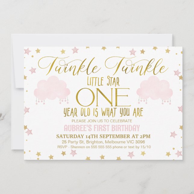 Invitación Chica de Oro Rosa Twinkle Cumpleaños de la Pequeña (Anverso)