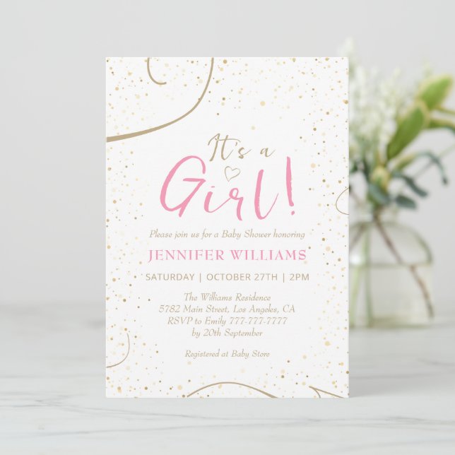 Invitación Chica de oro rosado encantador Baby Shower (Anverso de pie)