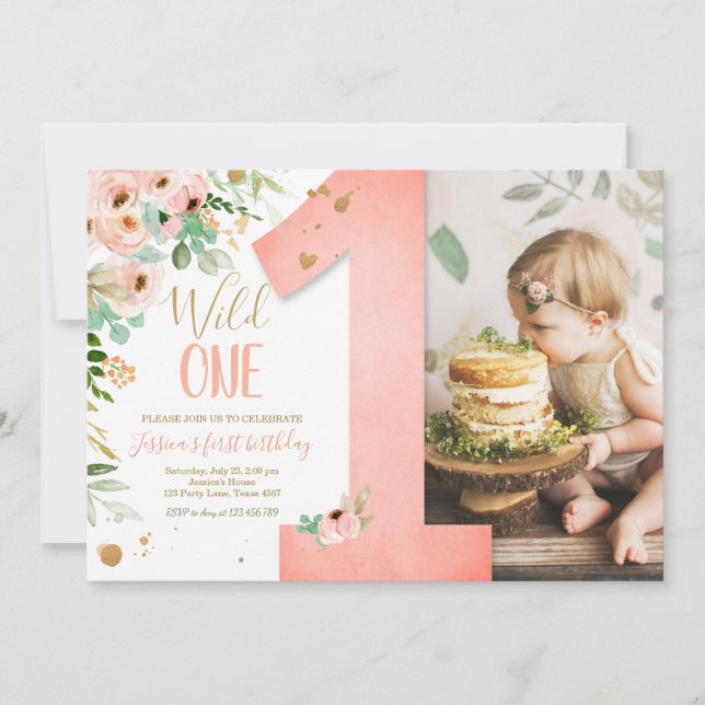 Invitación Chica de oro rosado floral de 1 cumpleaños salvaje (Anverso)