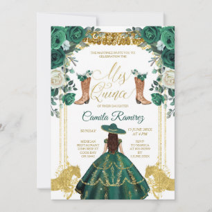 Invitación Chica de oro y verde esmeralda de la princesa 15