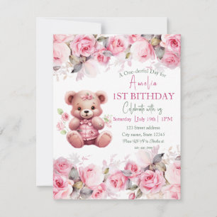 Invitación Chica de osito de peluche boho rosa cumpleaños flo