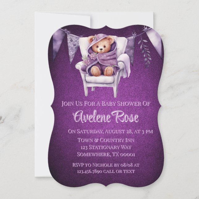 Invitación Chica de osito de peluche morado Baby Shower (Anverso)