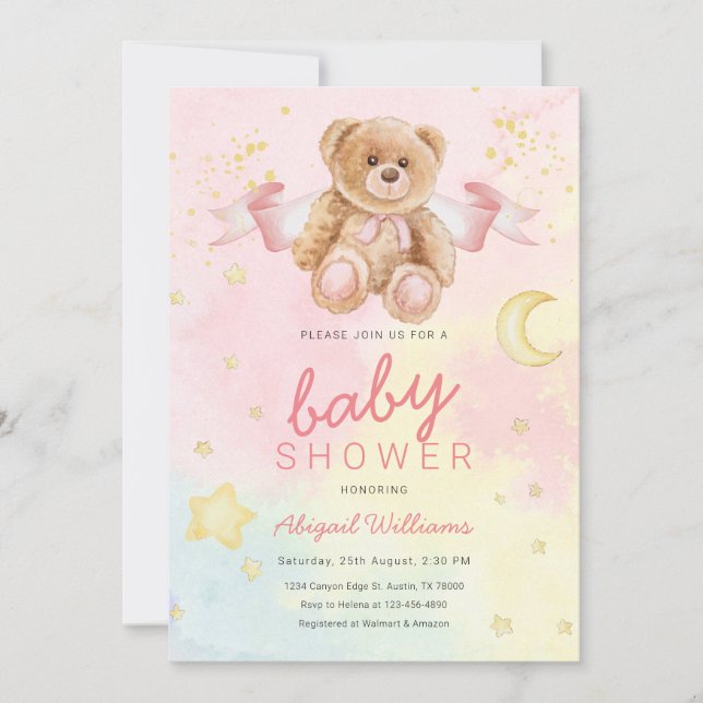 Invitación Chica de oso acuático con lunas/ estrellas ducha d (Anverso)