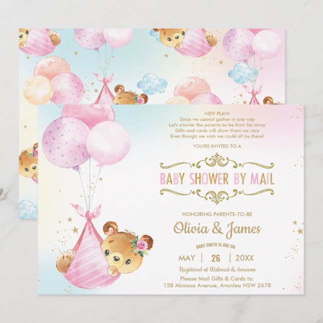 Invitación Chica de oso bebé lindo Baby Shower virtual por co (Anverso / Reverso)