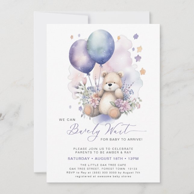 Invitación Chica de Oso de Globo Púrpura Floral Rosa Baby Sho (Anverso)