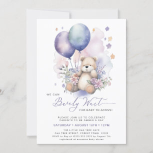 Invitación Chica de Oso de Globo Púrpura Floral Rosa Baby Sho