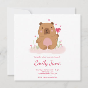 Invitación Chica de oso de peluche bebé ducha Capybara rosa 