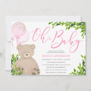 Invitación Chica de oso de peluche con globo rosa y vegetació