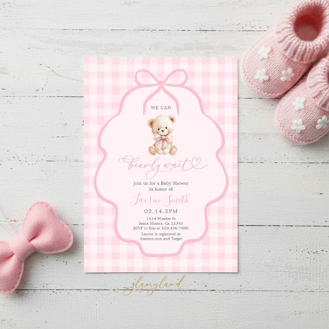 Invitación Chica de oso de peluche de gingham Baby Shower (Subido por el creador)