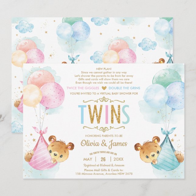 Invitación Chica de oso gemelo lindo Baby Shower por correo (Anverso / Reverso)