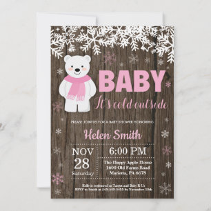 Invitación Chica de oso polar rústico de invierno Baby Shower