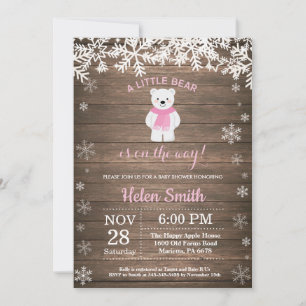 Invitación Chica de oso polar rústico de invierno Baby Shower