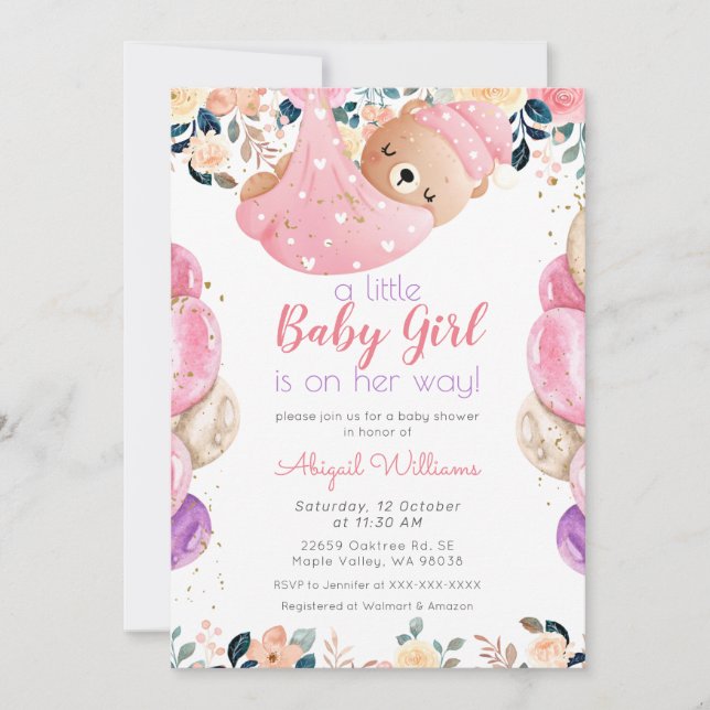 Invitación Chica de oso rosa en camino, Baby Shower floral (Anverso)