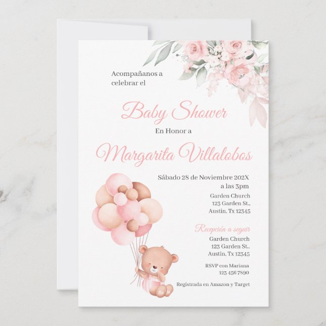 Invitación Chica de oso rosado invitado de Baby Shower en esp (Anverso)