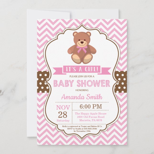 Invitación Chica de Oso Teddy Baby Shower Chevron Rosa (Anverso)