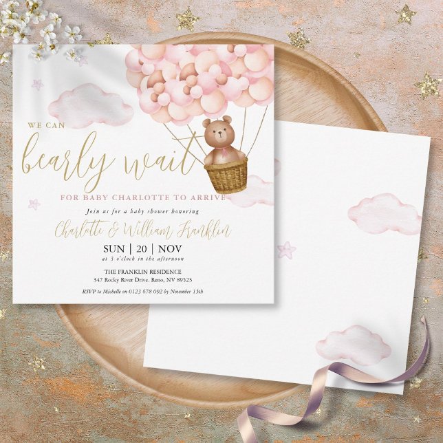 Invitación Chica de Oso Teddy Bear Pink Bearly Wait Baby Show (Pink Bearly Wait Teddy Bear Girl Baby Shower Invitation)