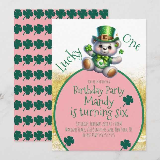 Invitación Chica de osos del Día de San Patricio cumpleaños a (Anverso / Reverso)