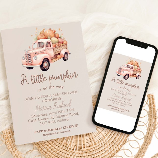 Invitación Chica de otoño Baby Shower Camión de calabaza rosa (Subido por el creador)