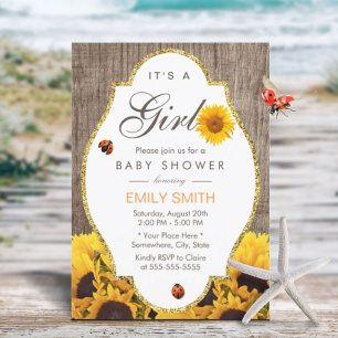 Invitación Chica de país Rústico Baby Shower Sunflower Ladybu
