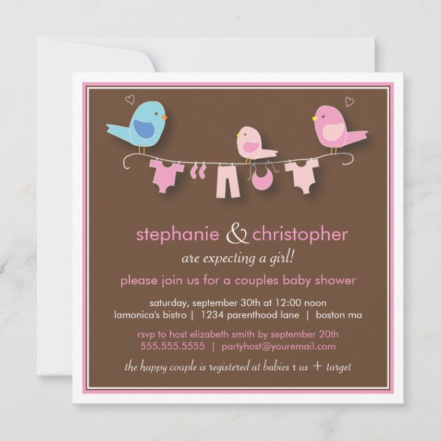 Invitación Chica de pájaro dulce pareja Baby Shower invitació (Anverso)