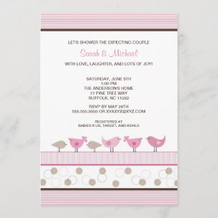 Invitación Chica de Pájaros Rosados y Marrones Invitado en Ba