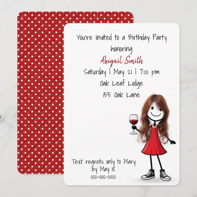 Invitación Chica de palitos para fiesta de cumpleaños con vin (Anverso / Reverso)