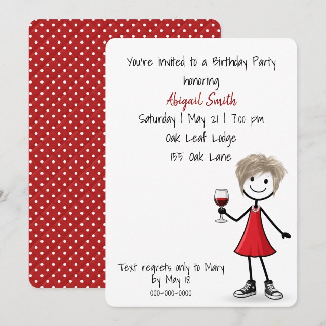 Invitación Chica de palitos para fiesta de cumpleaños con vin (Anverso / Reverso)