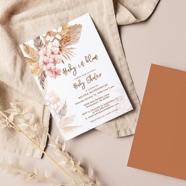 Invitación Chica de Pampas Grass Boho Baby Shower (Pampas Grass Baby in Bloom Shower Script Invitation)