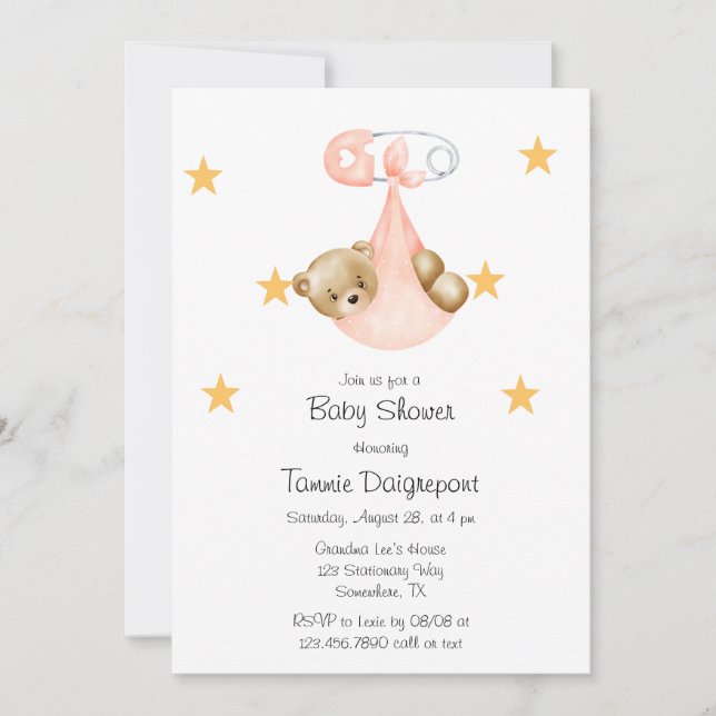 Invitación Chica de pañales de oso rosa Teddy Bear Baby Showe (Anverso)