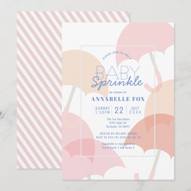 Invitación Chica de paraguas rosados Baby Sprinkle Shower (Anverso / Reverso)