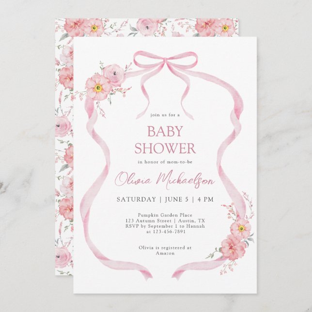 Invitación Chica de paro de cinta rosada Floral Coquette Ribb (Anverso / Reverso)