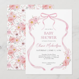 Invitación Chica de paro de cinta rosada Floral Coquette Ribb