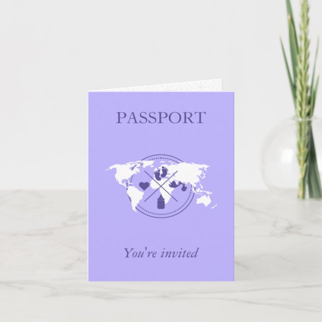 Invitación Chica de Pasaporte Morado Viaje Baby Shower Mapa d (Anverso)