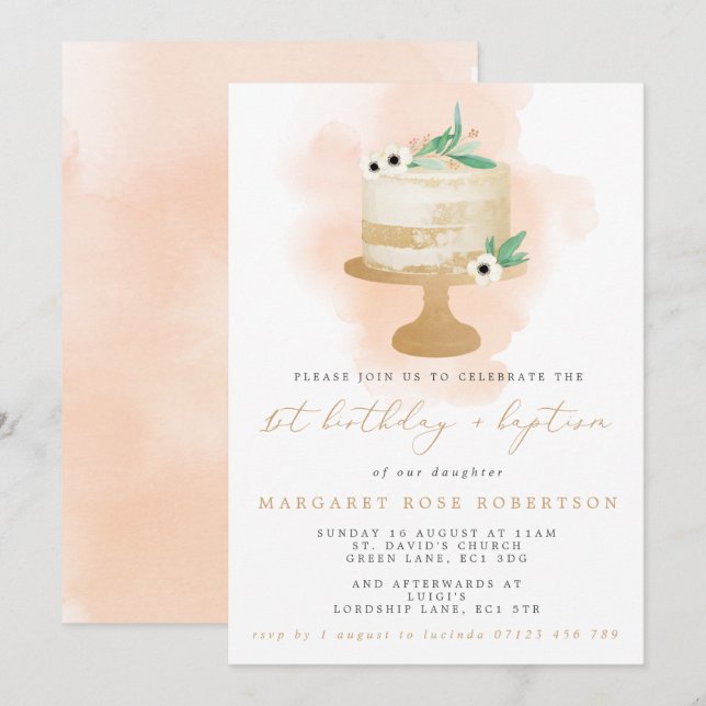Invitación Chica de Pastel de Acuarela Primer Cumpleaños y Ba (Anverso / Reverso)